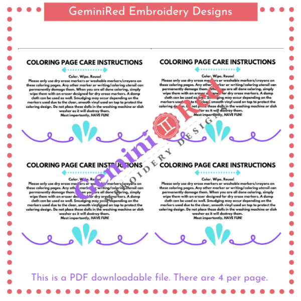 PRINTABLE - Coloring Page Care Instructions Cards - Image 2