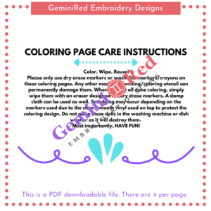 PRINTABLE - Coloring Page Care Instructions Cards