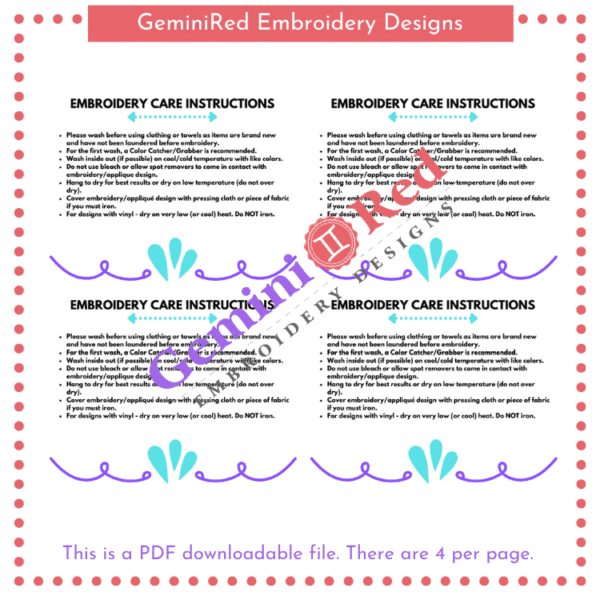 PRINTABLE - Embroidery Care Instructions Cards {version 4} - Image 2