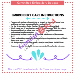 PRINTABLE - Embroidery Care Instructions Cards {version 3}