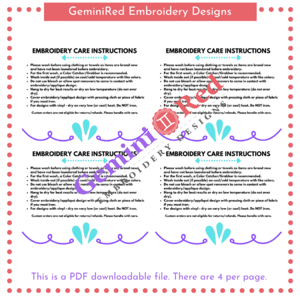 PRINTABLE - Embroidery Care Instructions Cards {version 3} - Image 2