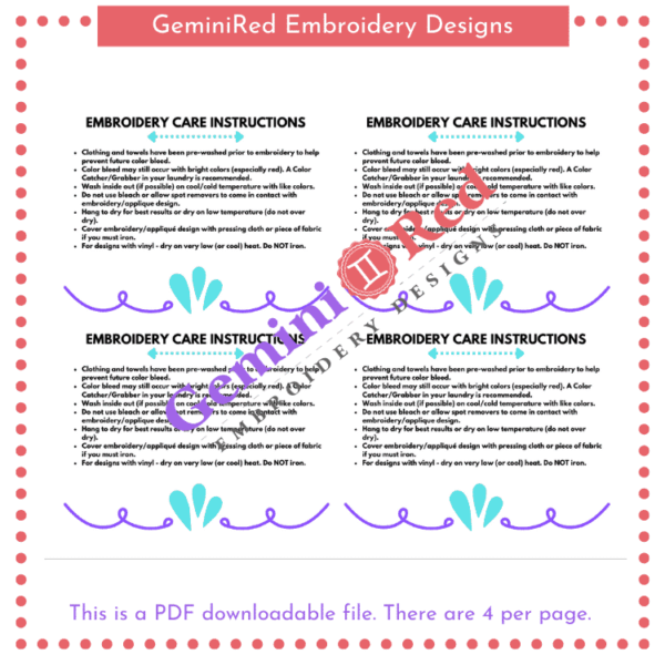 PRINTABLE - Embroidery Care Instructions Cards {version 2} - Image 2