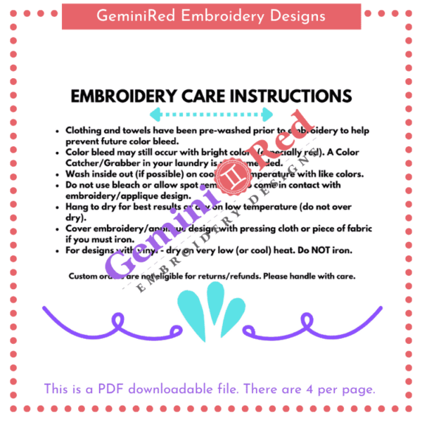 PRINTABLE - Embroidery Care Instructions Cards {version 1}