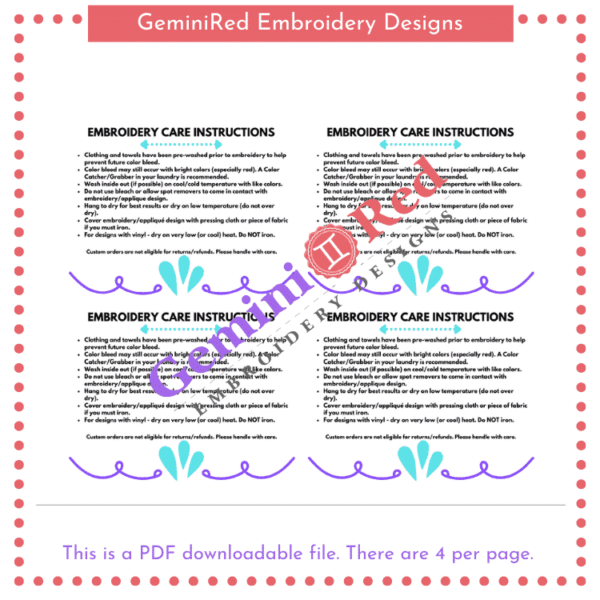 PRINTABLE - Embroidery Care Instructions Cards {version 1} - Image 2